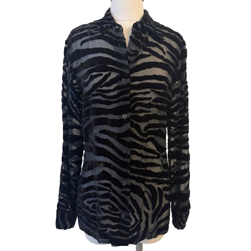 Vintage Y2K Cache Burnout Velvet Silk Blend Button Up Shirt 8 Zebra Sheer Mesh